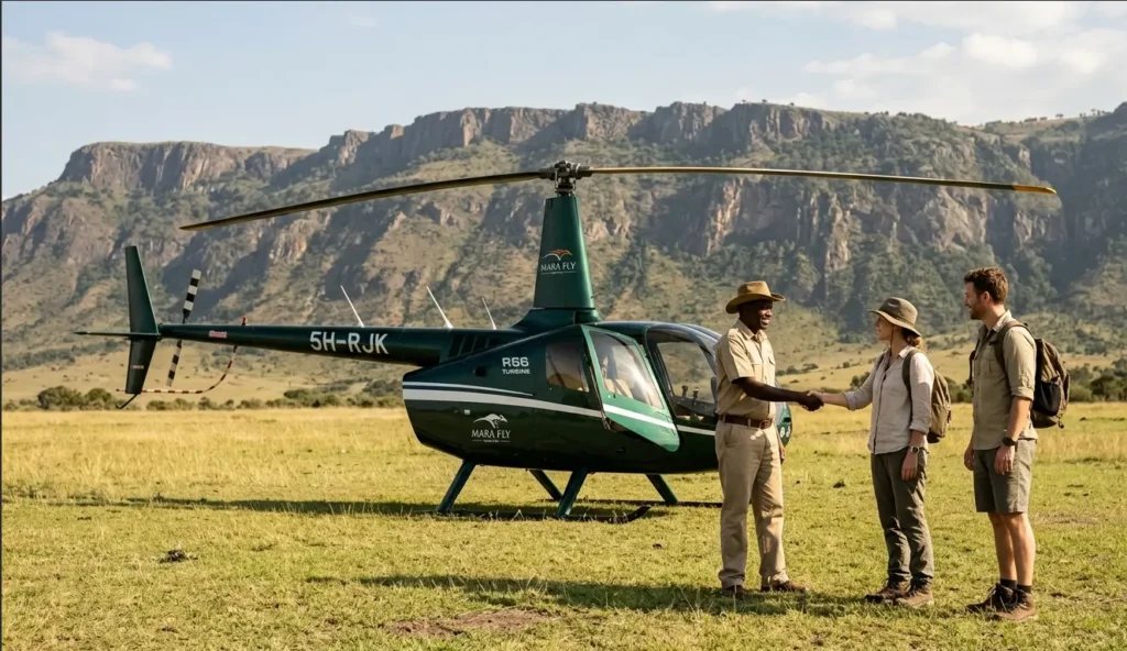 Helicopter landed on a lodge lawn in Masai Mara for a direct-to-lodge VIP transfer.