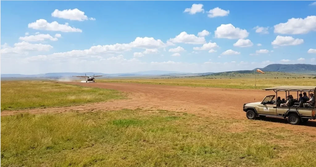 Nairobi to Masai Mara Flights 2026: Wilson Airport Guide 6 Hilmuks Safaris 4x4 vehicle waiting at a Masai Mara airstrip for morning flight arrivals.