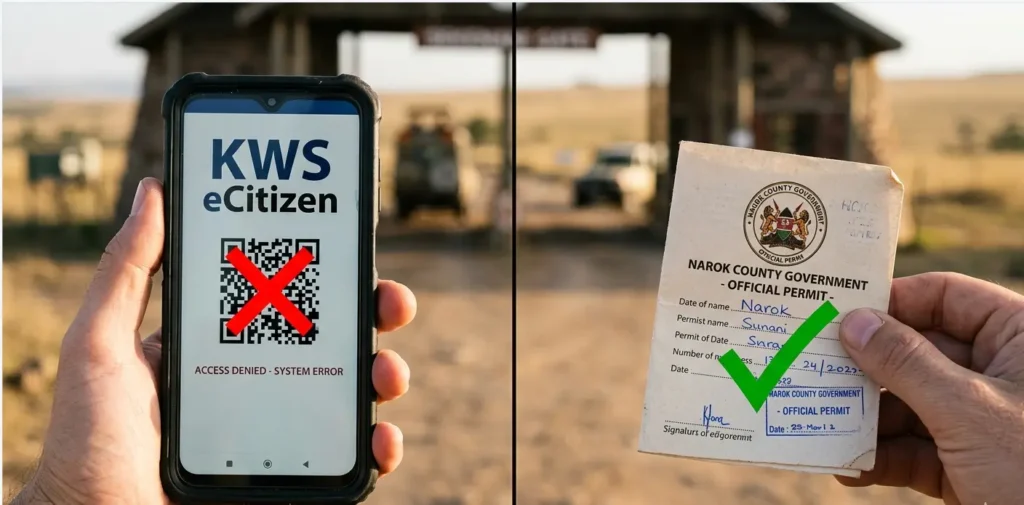 Masai Mara Self Drive 2026: Don't Get Stuck, Lost, or Fined 2 A side-by-side comparison of a rejected KWS eCitizen receipt and a valid Narok County Masai Mara entry permit.