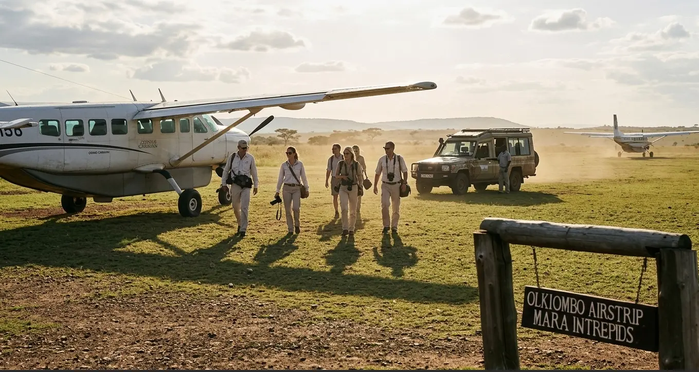 A private charter aircraft landing at a Masai Mara airstrip during a luxury safari group arrival.