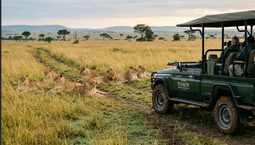 A private safari vehicle enjoying an exclusive lion sighting in a Masai Mara conservancy.