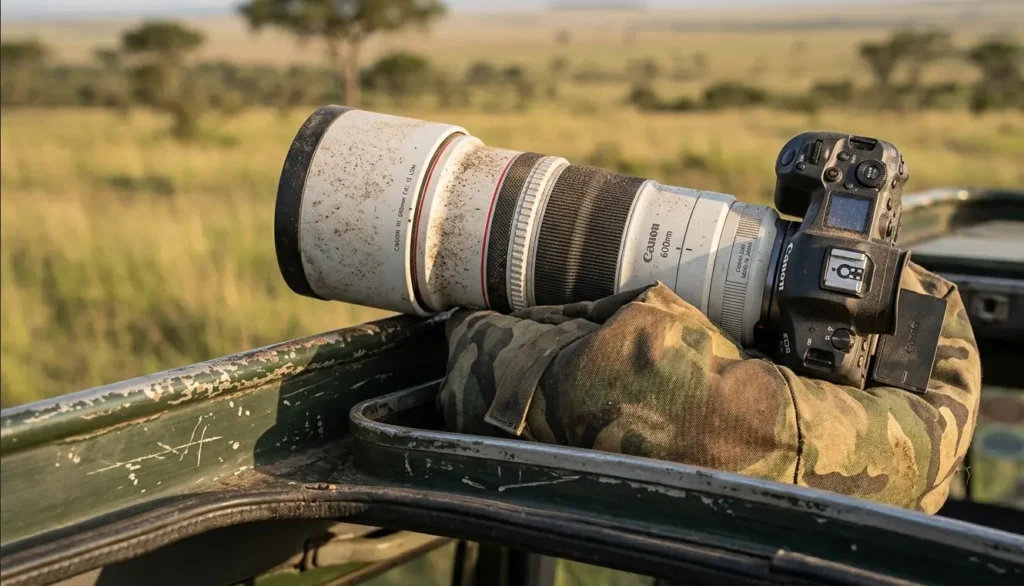 A professional telephoto camera lens stabilized on a beanbag on a safari vehicle roof.