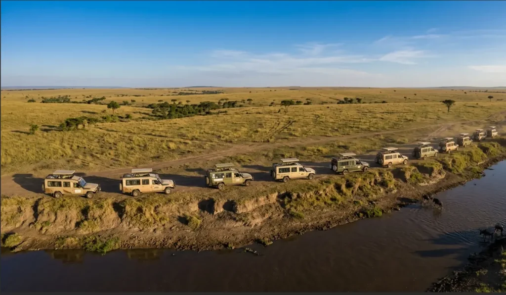 Safari vehicles lined up at a designated river crossing point in the Masai Mara.