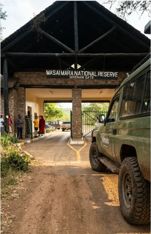 A safari Land Cruiser arriving at the Sekenani Gate entrance of the Masai Mara National Reserve.