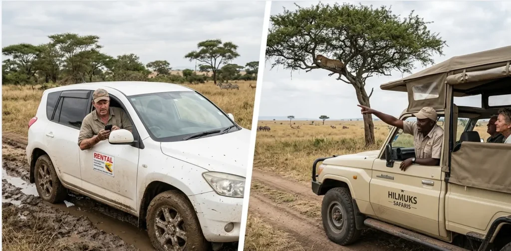 Comparison of a stuck rental car and a professional guided safari vehicle in Masai Mara