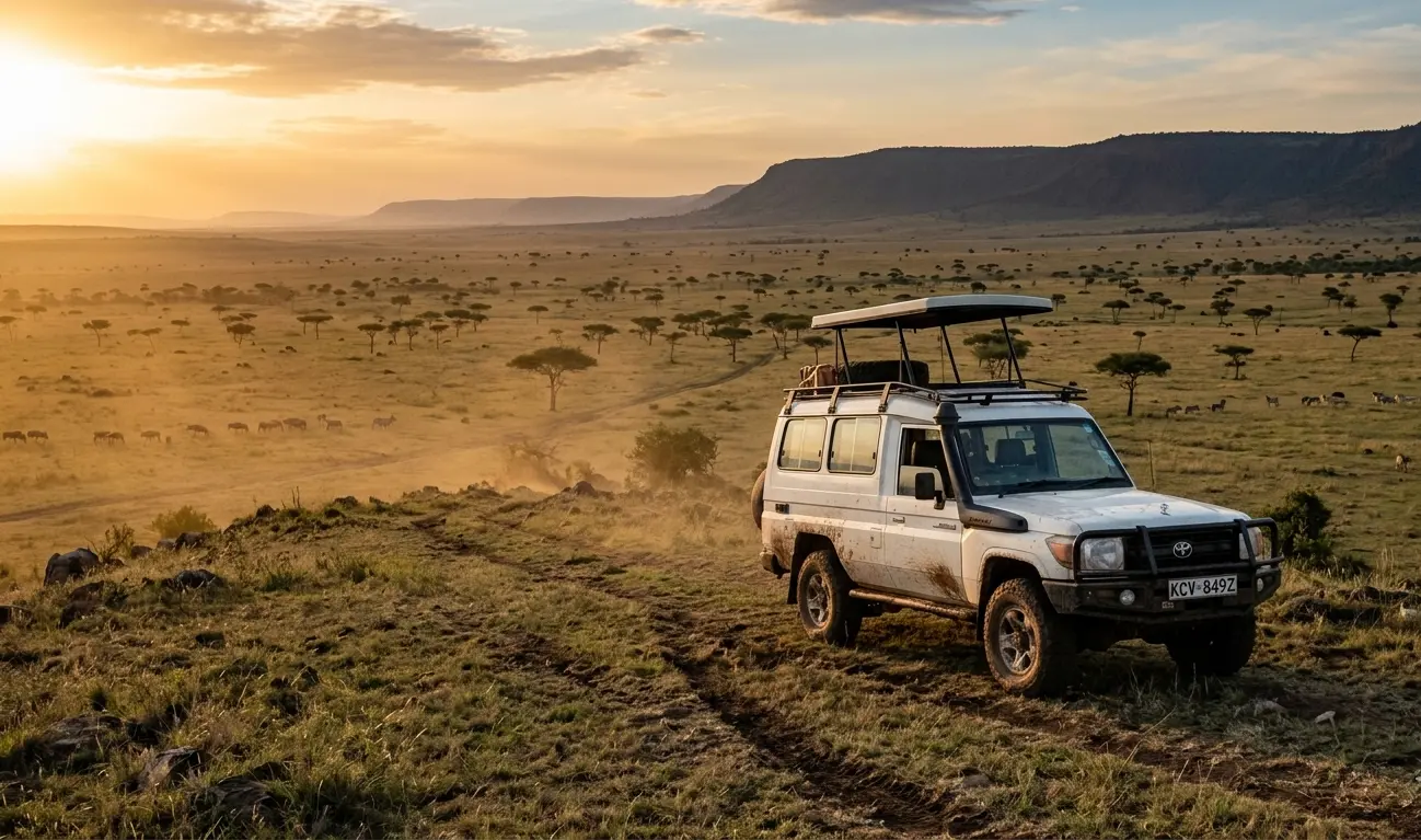 A 4x4 safari vehicle parked on a ridge overlooking the vast plains of the Masai Mara National Reserve.