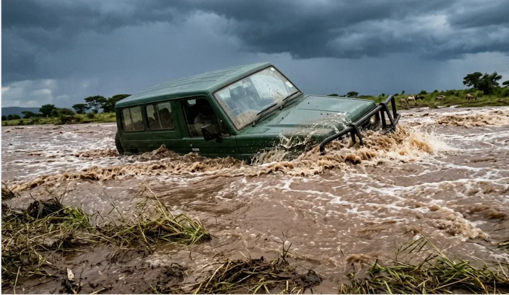 A self-drive 4x4 vehicle struggling in a flooded Talek River crossing in the Masai Mara