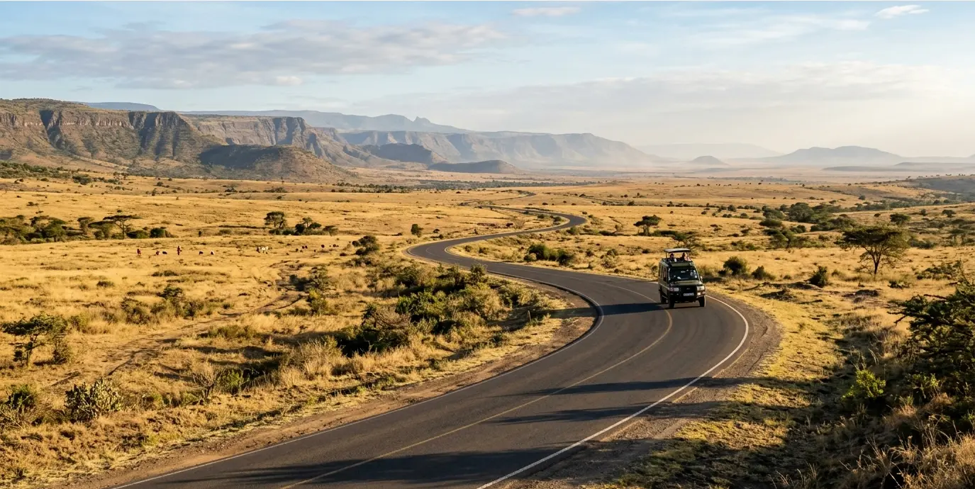 A safari vehicle driving on the tarmacked Ngong-Suswa bypass road in the Great Rift Valley.