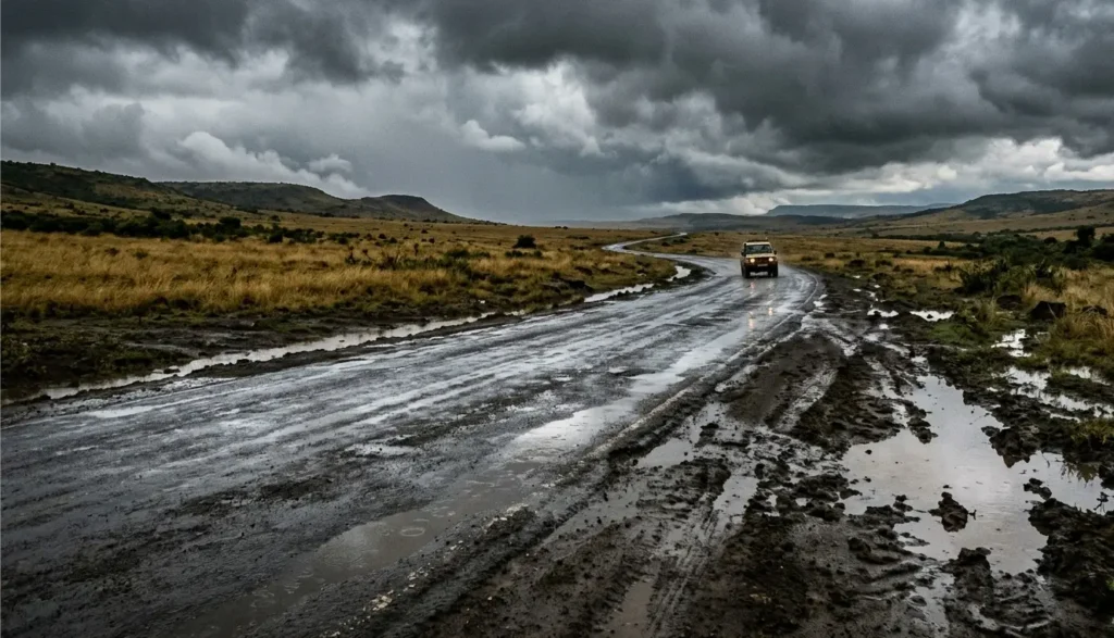 Wet road conditions on the Suswa plains showing volcanic silt and water accumulation during the rains.