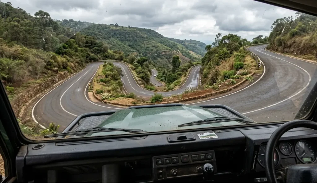 View from a driver's seat descending a steep, winding tarmacked mountain pass toward the Rift Valley.