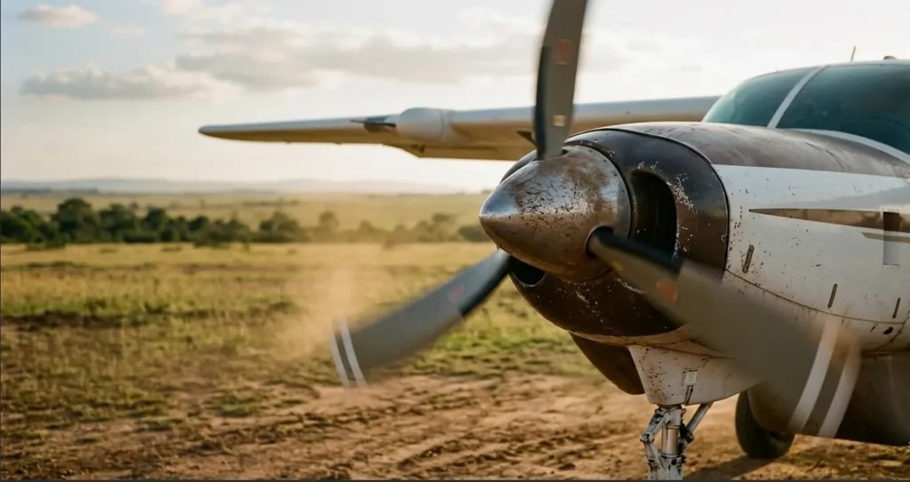 Close up of a bush plane propeller overlooking the vast plains of the Masai Mara.