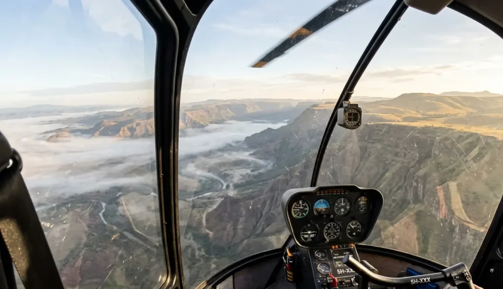 Morning aerial view of the Great Rift Valley from a helicopter to Masai Mara.