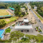 Aerial drone view of the Rubis petrol station and Artcaffé hub on the right side of the Nairobi-Narok highway.