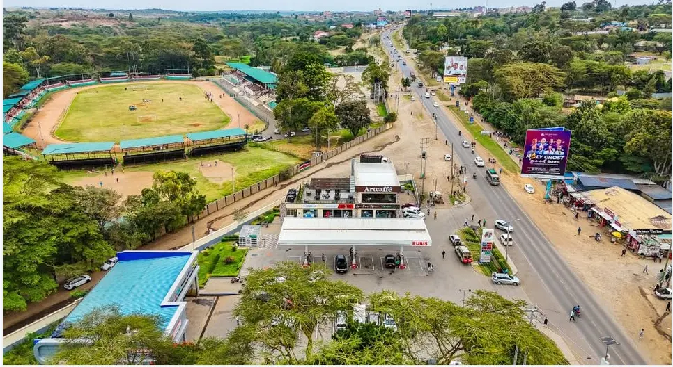 Aerial drone view of the Rubis petrol station and Artcaffé hub on the right side of the Nairobi-Narok highway.