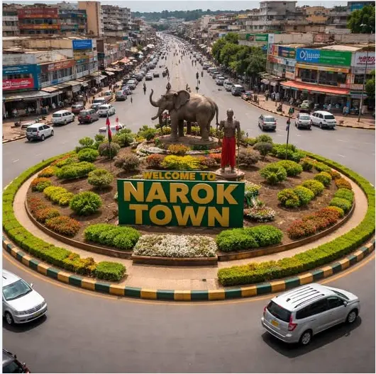 Narok Pitstop 2026: Where Hilmuks Guides Stop Before the Mara 2 The famous Narok Town roundabout featuring the elephant statue and "Welcome to Narok Town" signage.