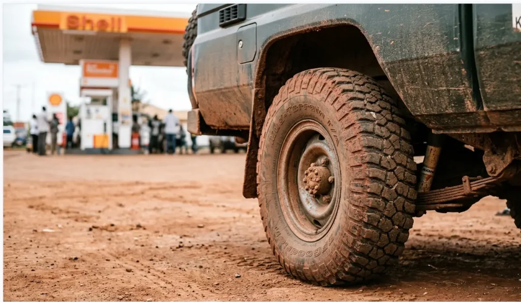 Narok Pitstop 2026: Where Hilmuks Guides Stop Before the Mara 3 Close up of a dusty safari vehicle tire at a branded petrol station in Narok.