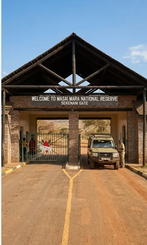 Narok Pitstop 2026: Where Hilmuks Guides Stop Before the Mara 5 The Sekenani Gate entrance where rangers verify Narok Countyreserve permits.