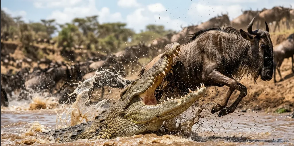 Nile crocodile attacking a wildebeest during a September back-crossing in the Mara River.