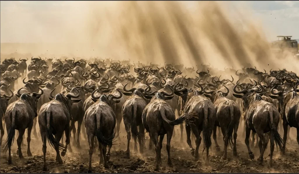 A thick wall of dust rising behind a migrating wildebeest herd in the Masai Mara.
