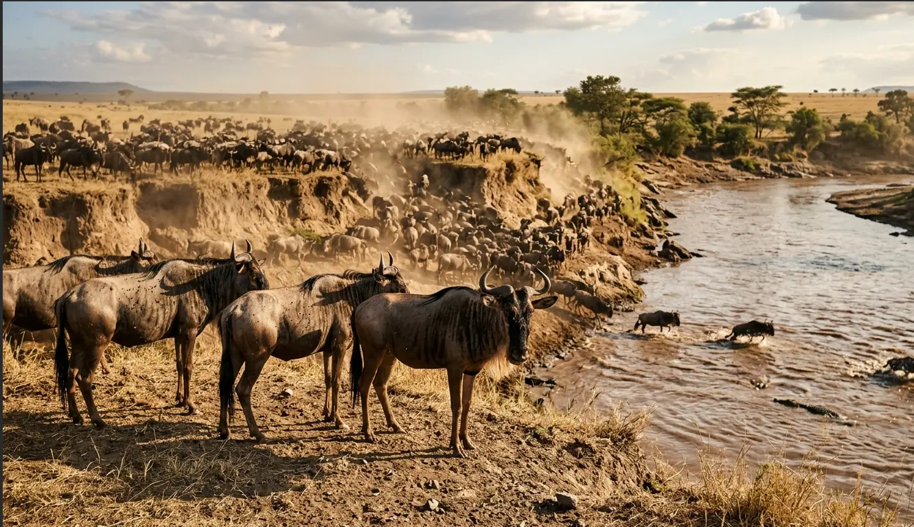 Large herd of wildebeest gathered at the edge of the Mara River during the great migration.