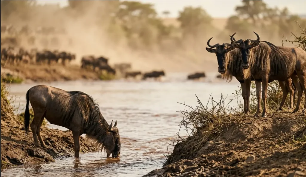 Two wildebeest scouts staring across the river while another drinks water at the bank.