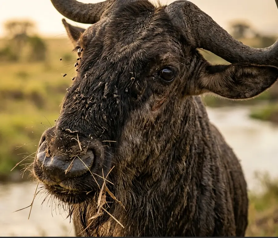 Close up of a wildebeest scout arriving at the Sand River in the Masai Mara.