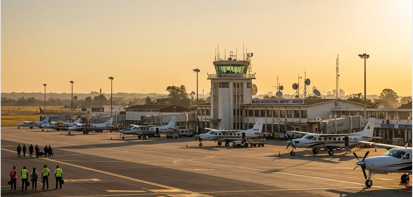 Light aircraft parked at Wilson Airport Nairobi terminal