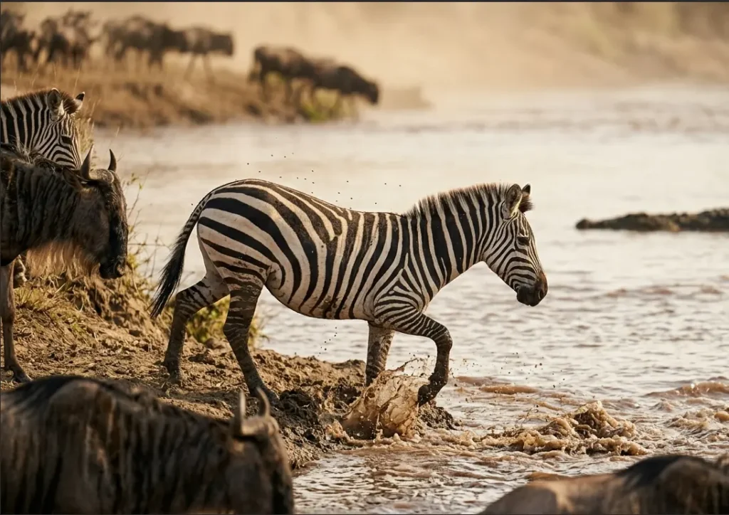 A zebra stepping into the Mara River while a logged crocodile floats nearby.