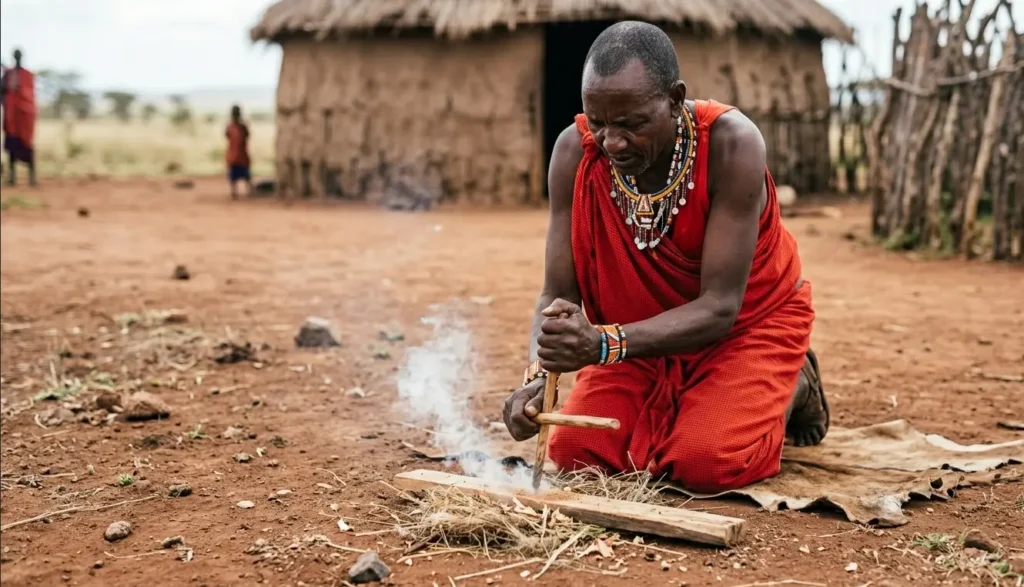 Masai Mara Budget Safari 2026: What $410 Actually Buys 6 Traditional fire making demonstration during a community cultural homestead visit outside the Masai Mara.