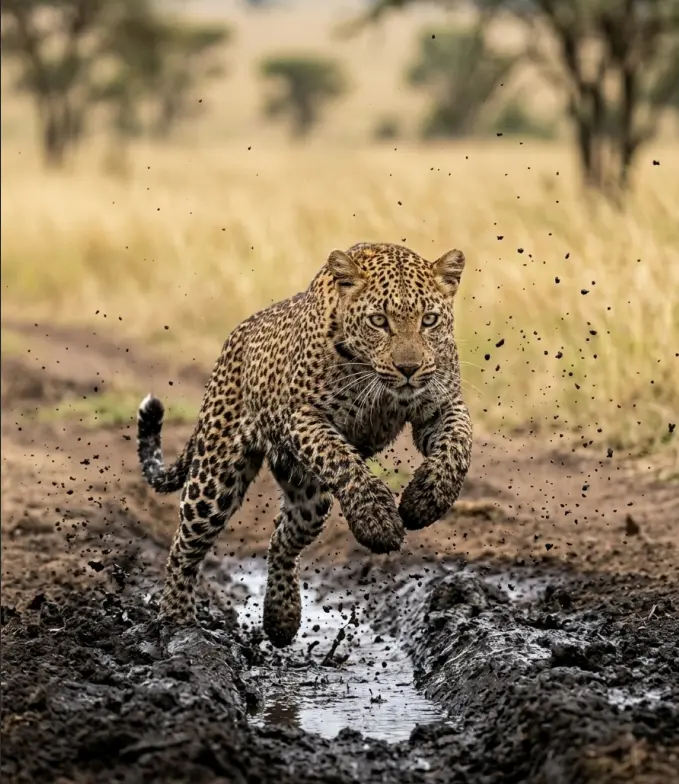 Masai Mara Budget Safari 2026: What $410 Actually Buys 4 A wild leopard leaping across a muddy black cotton soil track inside the Masai Mara National Reserve.
