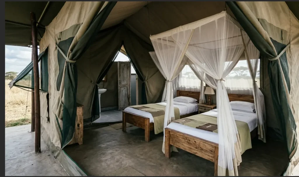 Masai Mara Budget Safari 2026: What $410 Actually Buys 5 Inside a budget safari tent featuring twin beds and private en suite bathroom amenities outside Masai Mara.