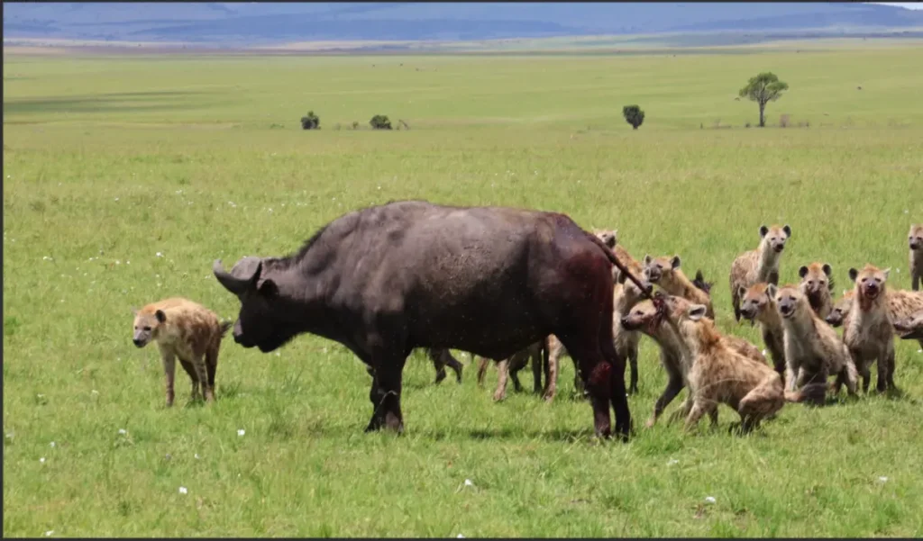 Masai Mara Safari for Families 2026: Age Rules, Child Safety and What Kids Actually See 5 A clan of spotted hyenas surrounding a wounded Cape buffalo in the Masai Mara savanna.