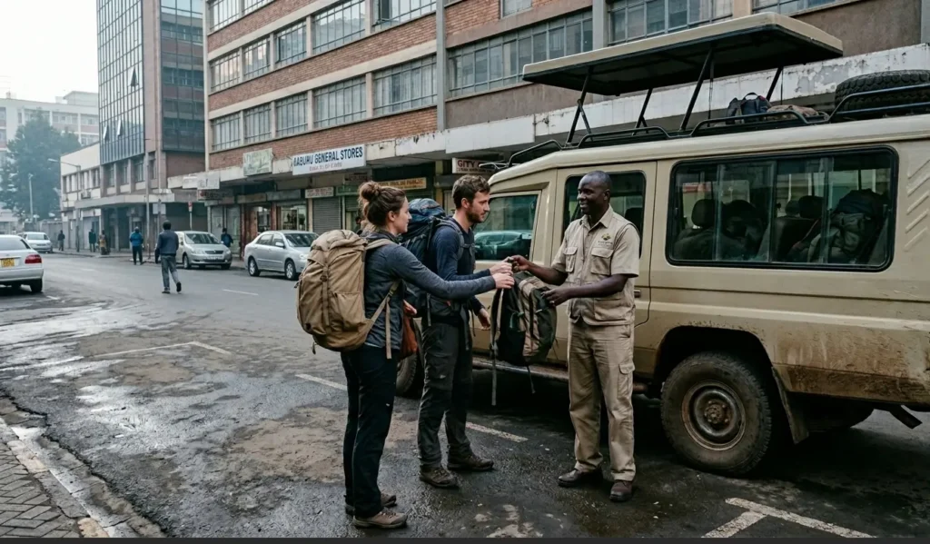 Masai Mara Budget Safari 2026: What $410 Actually Buys 2 Travelers loading bags into a shared 4x4 safari vehicle in Nairobi before departing for the Masai Mara.