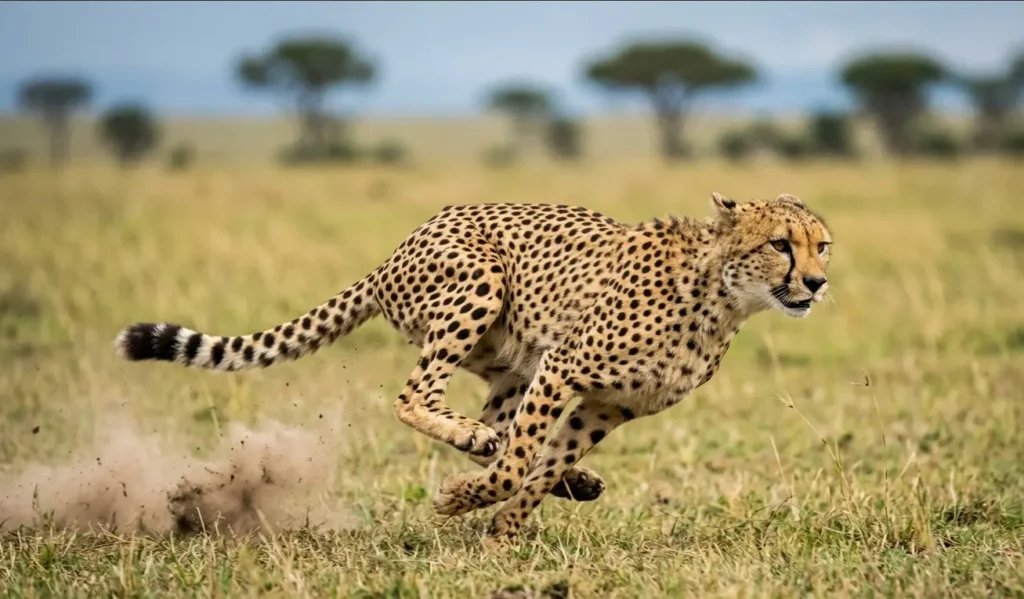 A cheetah hunting on the open plains of a private Mara conservancy.