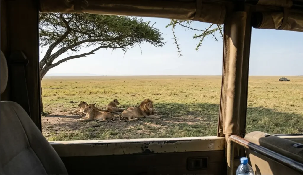 A private lion sighting in a Masai Mara conservancy with no crowds.