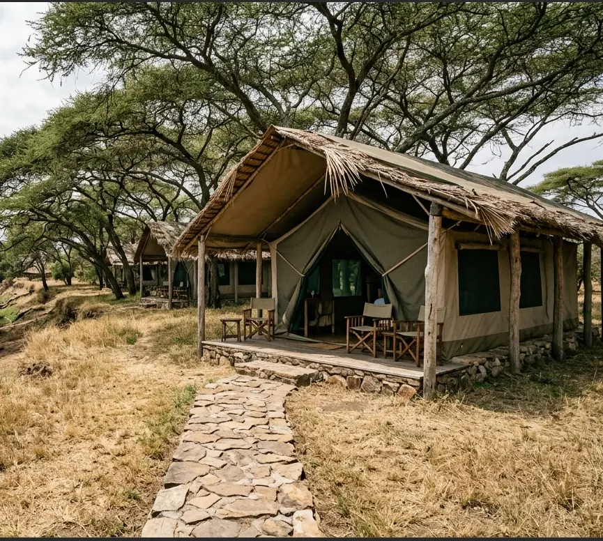 Masai Mara Safari for Families 2026: Age Rules, Child Safety and What Kids Actually See 3 Unfenced luxury family tented camp surrounded by acacia trees in the Mara.