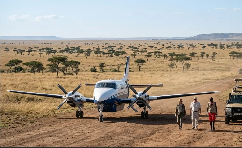 Small turboprop safari plane landed on a remote dirt airstrip in the Masai Mara