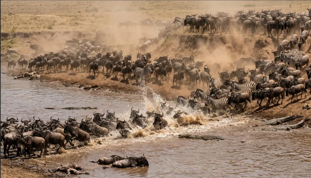 5-Day Kenya Safari 2026: Rhinos, Flamingos & No Crowds 6 Wildebeest and zebras braving a river crossing during the Great Migration in the Masai Mara.