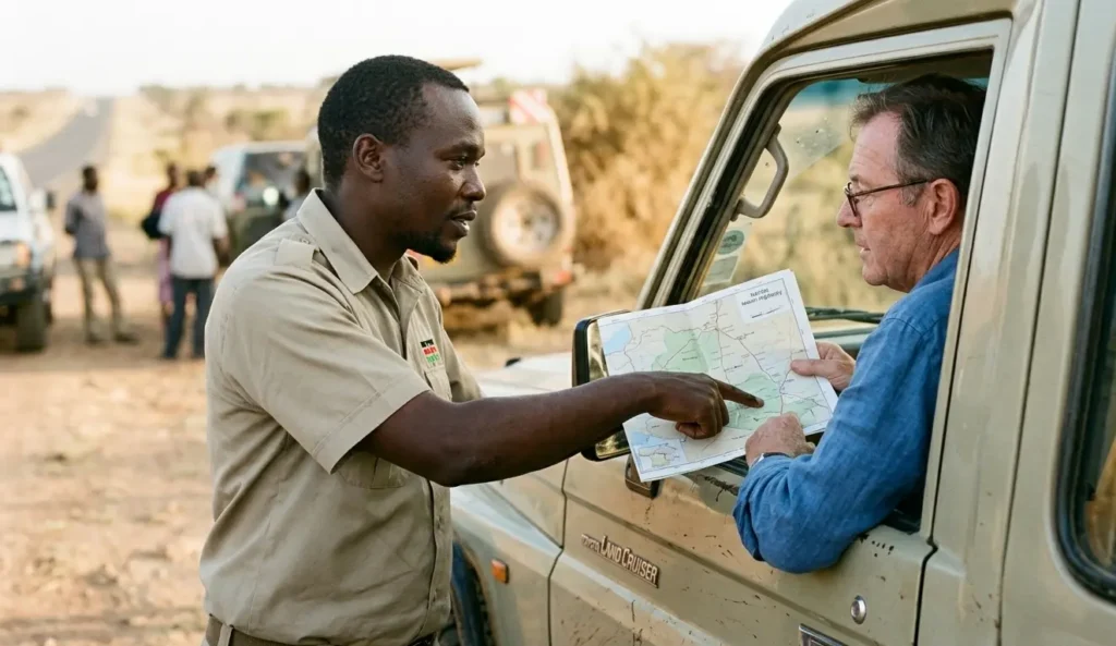 Safari guide organizing route adjustments with a traveler along the overland highway.