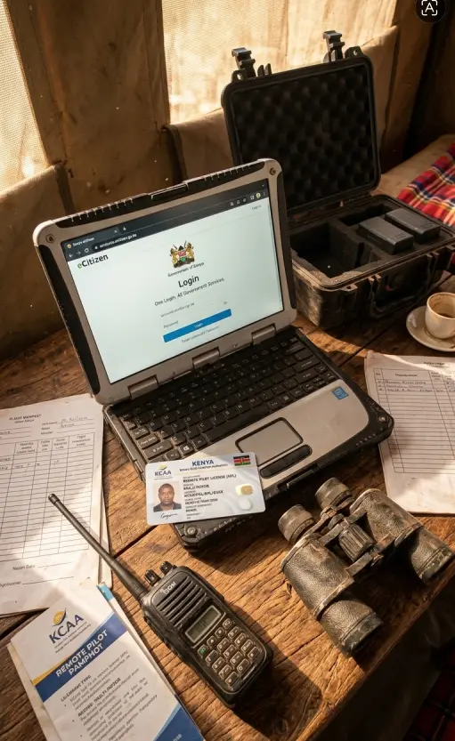 Official Kenyan drone permits and a laptop showing the eCitizen portal on a rustic safari table.