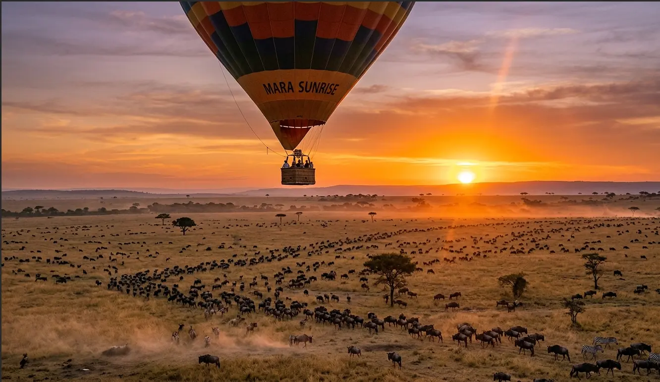 Panoramic aerial view of a hot air balloon over the Great Migration herds in Masai Mara during a sunrise flight.