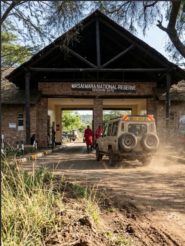 Masai Mara Budget Safari 2026: What $410 Actually Buys 3 High clearance safari vehicle clearing the official municipal gate entrance into the Masai Mara reserve.