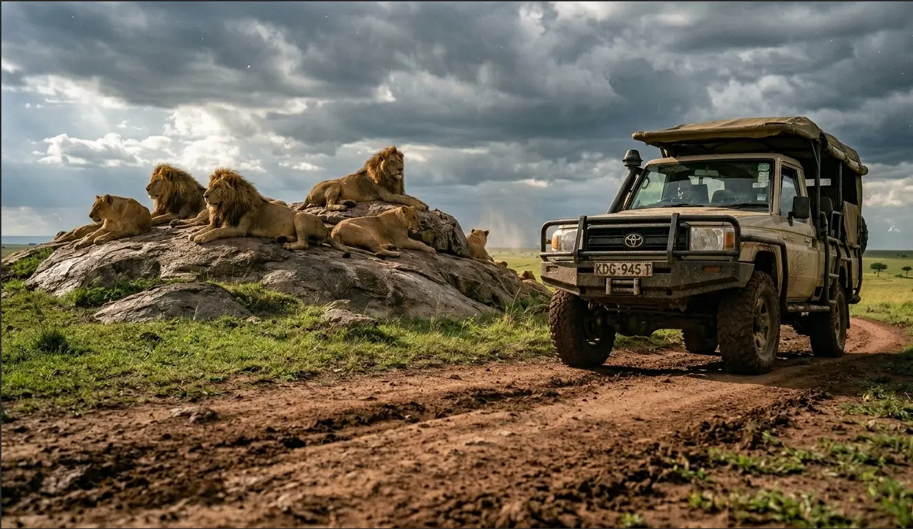 : Custom 4x4 safari Land Cruiser tracking a pride of lions on the open savannah grass of Masai Mara.