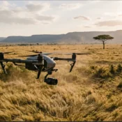 A professional cinematic drone hovering over the golden savannah of the Masai Mara during a legal filming mission.