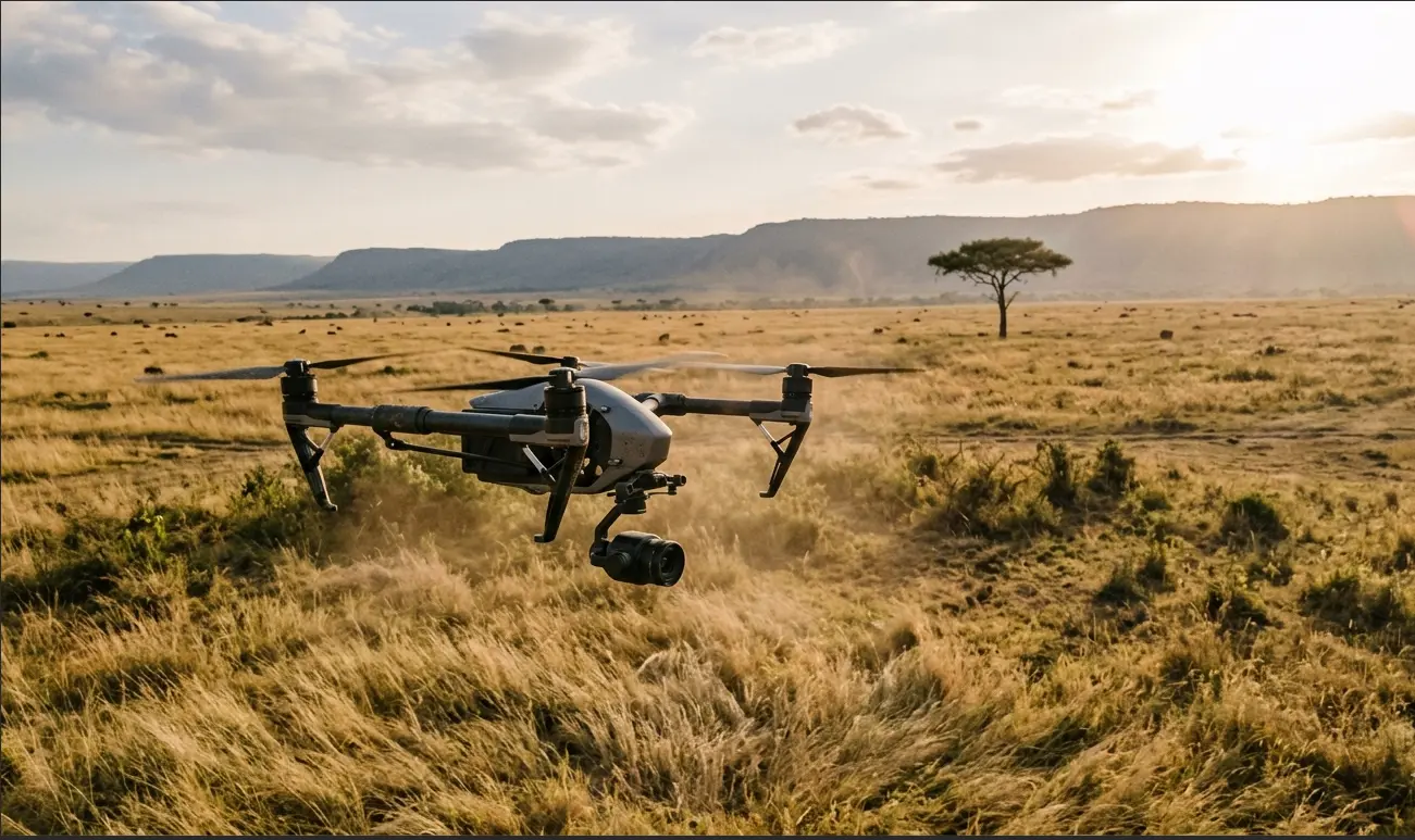 A professional cinematic drone hovering over the golden savannah of the Masai Mara during a legal filming mission.