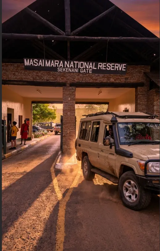Safari vehicle clearing a ranger gate at sunset near the national reserve border.