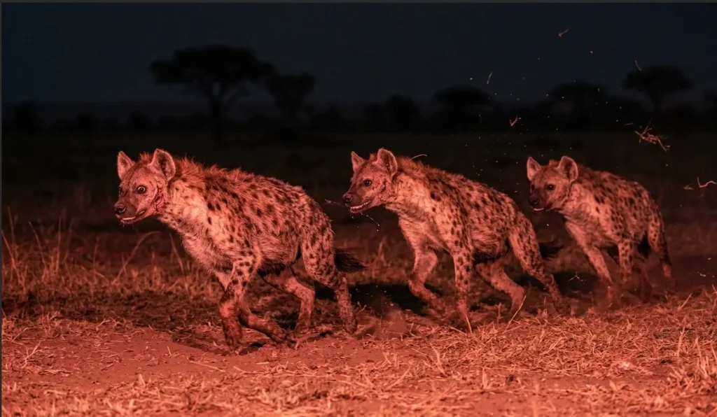 Spotted hyena clan hunting in coordination across the savannah plains under red light.