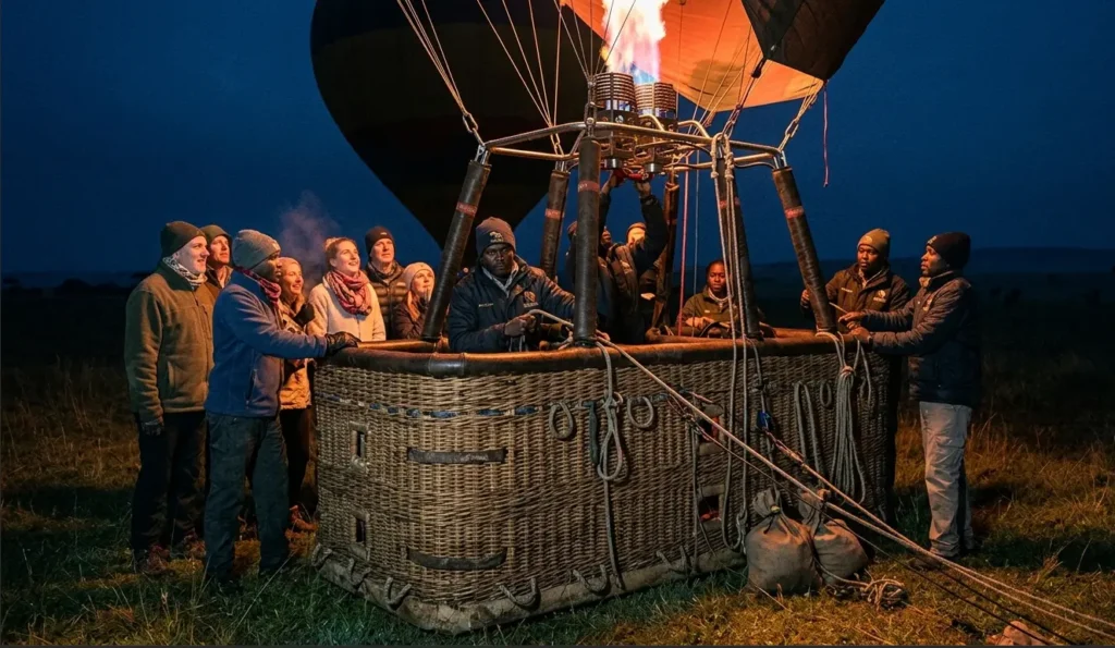Masai Mara Balloon Safari 2026: Honest Operator's Guide 2 Ground crew preparing a hot air balloon basket for a sunrise flight in the Masai Mara reserve.