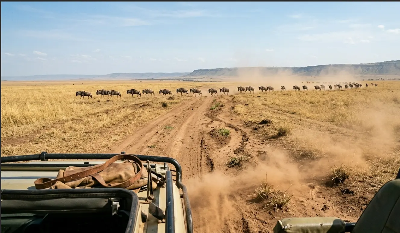 Custom 4x4 safari Land Cruiser driving through the golden Masai Mara savannah