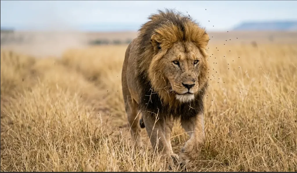 Male lion walking through the tall grass plains of the Masai Mara Reserve